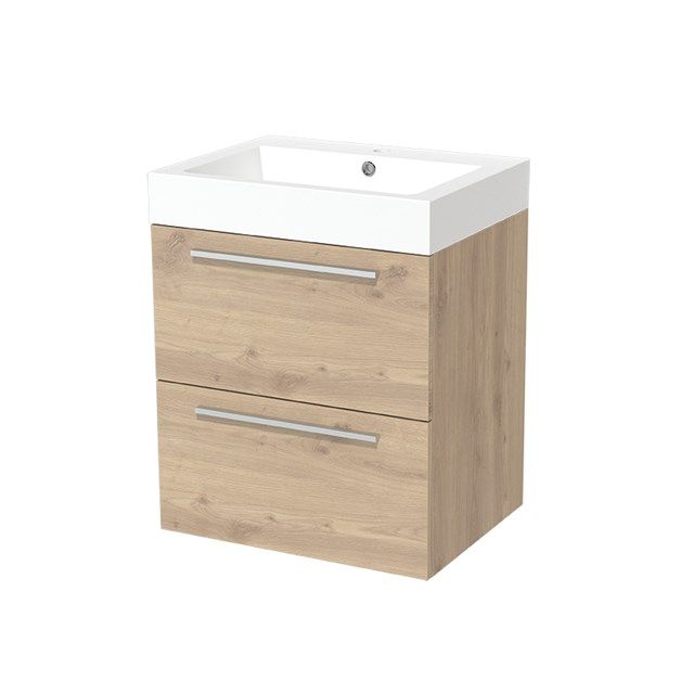 Maxaro Badkamermeubel 60cm Modulo Lichtbruin Eiken 2 lades Vlak Wastafel Mineraalmarmer