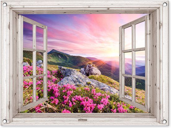 GreatGardenPosters Tuinposter - Doorkijk - Bloemen - Bergen - Zonsondergang - Landschap - 80x60 cm - PVC - Buiten