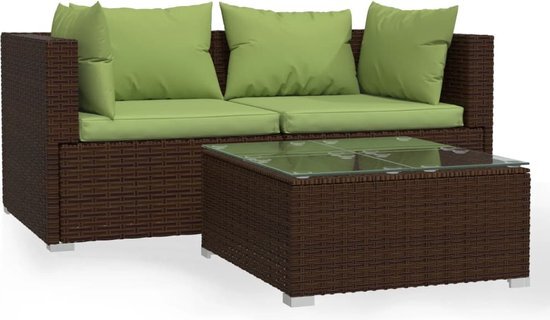 vidaXL 3-delige Loungeset met kussens poly rattan bruin