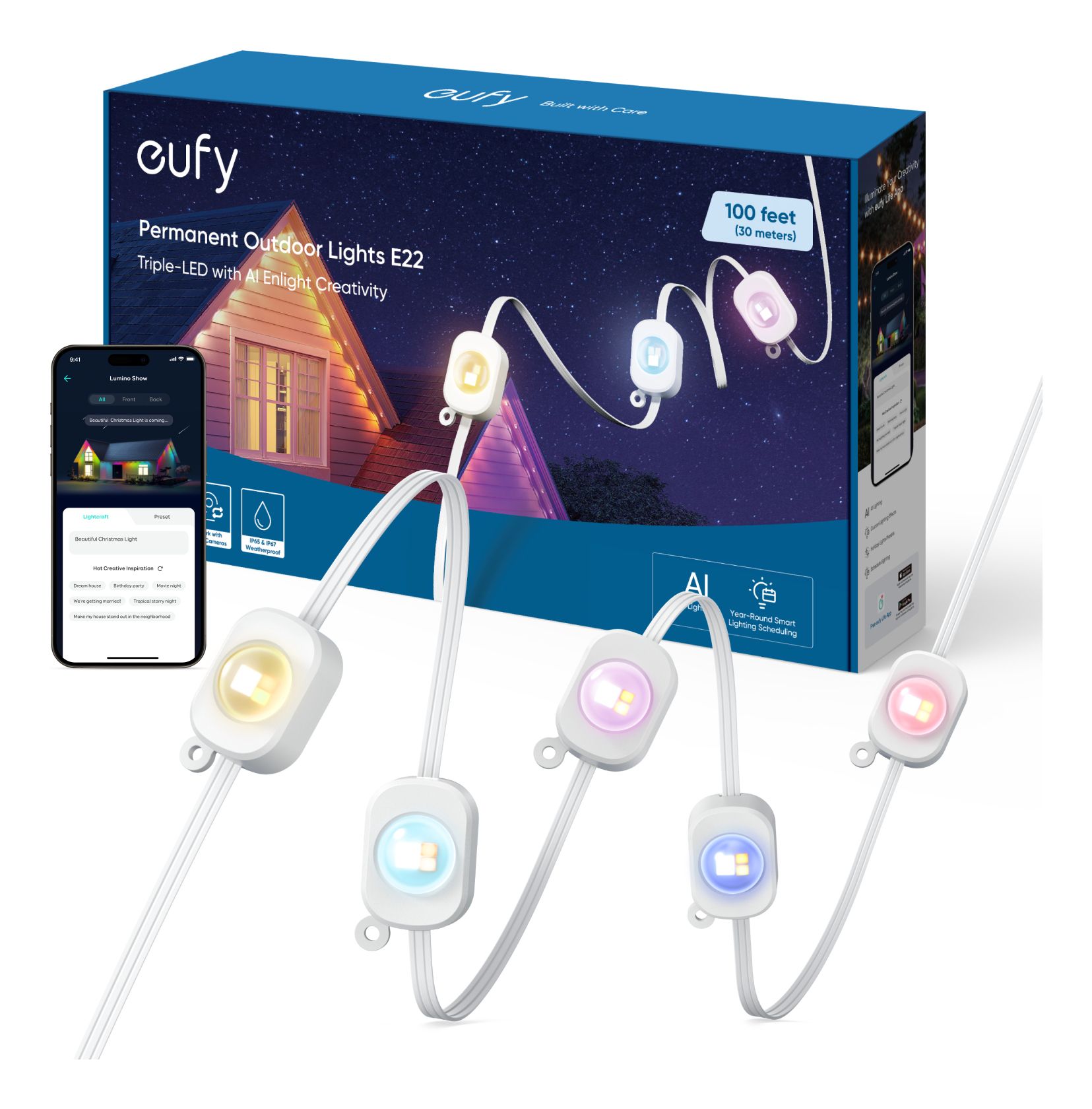 eufy Permanente Buitenverlichting E22 - 30m - Slimme RGBWW Lichten - IP67 - Starterkit