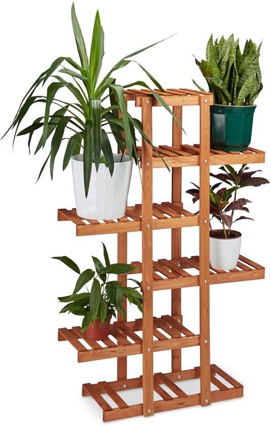 Relaxdays Plantenrek van hout - 5 etages - Plantentrap 5 planken - Bloemen rek - HONINGBRUIN