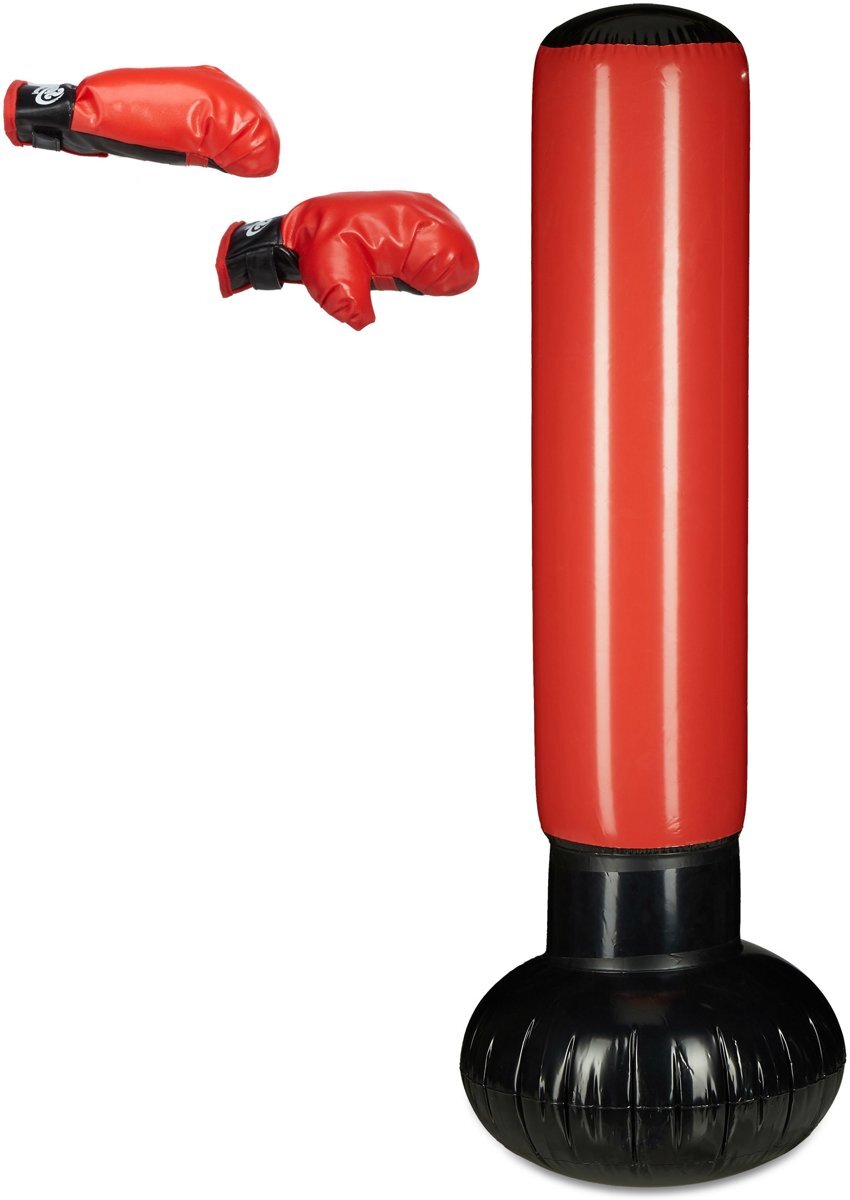 Relaxdays vrijstaande bokszak - punching tower - opblaasbaar - 160 cm hoog - zwart - rood
