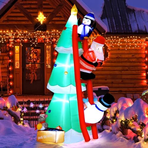 LUNSY 210 cm opblaasbare kerstdecoratie voor buiten, met ledverlichting, XXL opblaasbare kerstboom met schattige pinguïn, kerstman, sneeuwpop en kleine muis