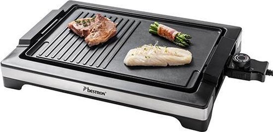 Bestron elektrische tafelgrill 4 Personen, teppanyaki Bakplaat met afneembare grillplaat en twee grilloppervlakken, met antiaanbaklaag, 2.000 Watt, zwart/zilver