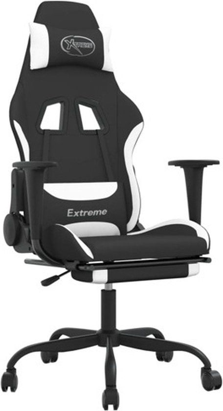 vidaXL Massage gamestoel met voetensteun stof zwart en wit