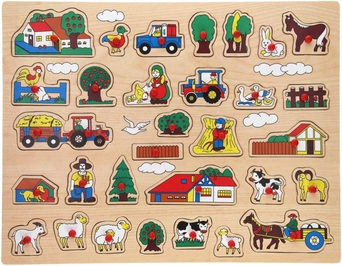 John Toys Houten knopjes/noppen puzzel boerderij thema 45 x 35 cm speelgoed