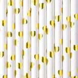 Partydeco Paille à boire - papier - 20x - cœur blanc/or - 19,5 cm