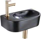 QeramiQ Fuente Fonteinset - 40x21.5x12cm - links - glad - halfrond - 1 kraangat - keramiek - fonteinkraan geborsteld messing - afvoerplug - verlaagd sifon - zwart mat