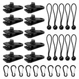 10 Yuechenggui 10 robuuste zeilklemmen met karabijnhaakclip en kogelbungee-koorden, multifunctionele luifelclips + bungeeclips voor dekzeil, luifels, camping