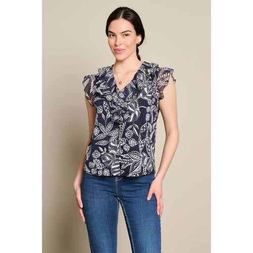 LOLALIZA gebloemde top met ruches - donkerblauw
