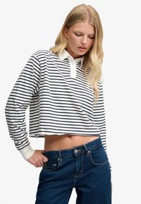Superdry - Athletic Essential Gestreept Rugby Top Oversized Pasvorm Dames Lange Mouwen Katoen Ecru Stripe Maat 10