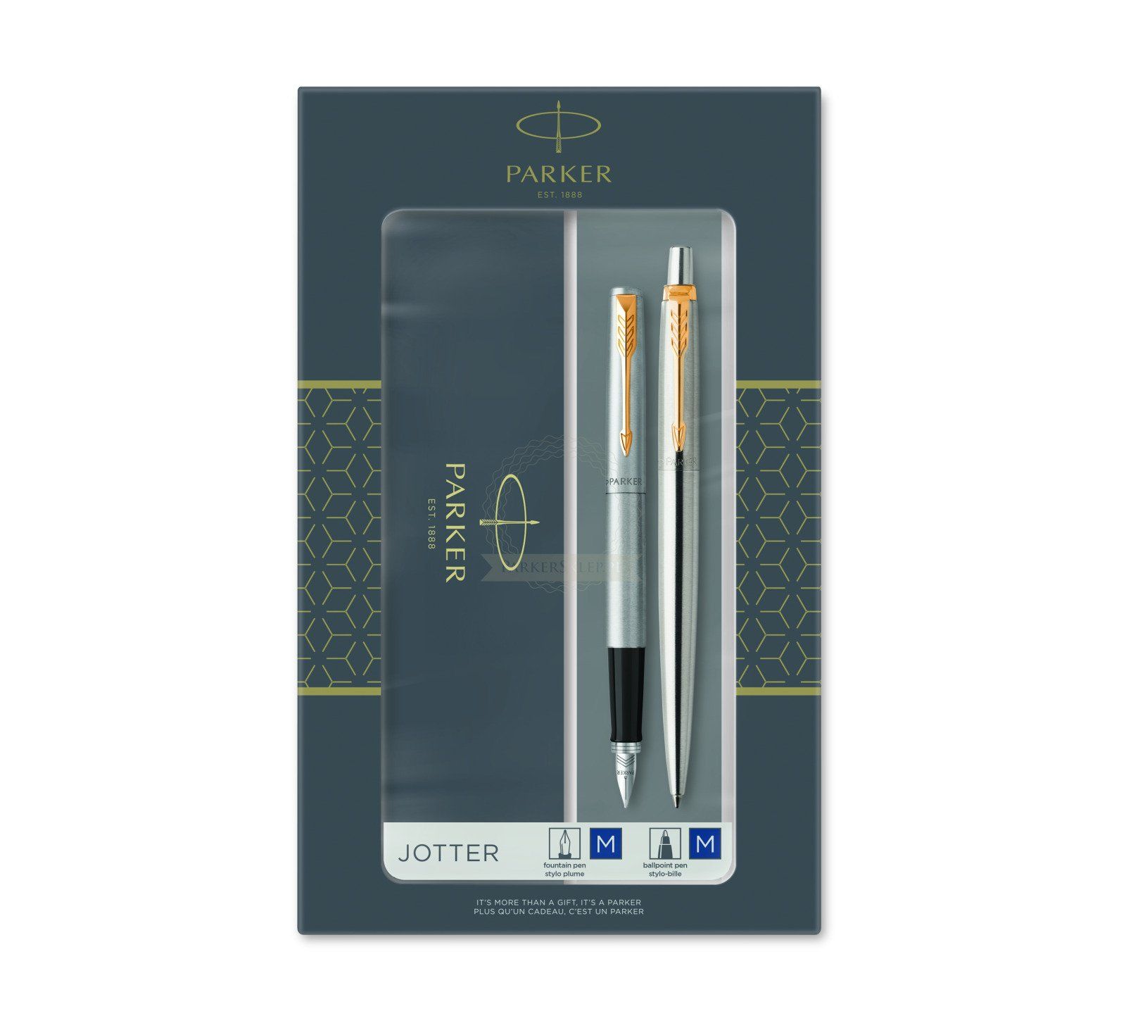 Parker Jotter Duo Gift Set - Ballpoint Pen & Fountain Pen - Black, Chrome, Gold - Stainless Steel - 2 Pieces