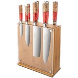 Katana Saya Elements 9-delige messenblokset vulkanisch rood - VG-10 Damascusstaal met hoog koolstofgehalte voor extreme hardheid en scherpte – Handgreep van olijfhout en hars