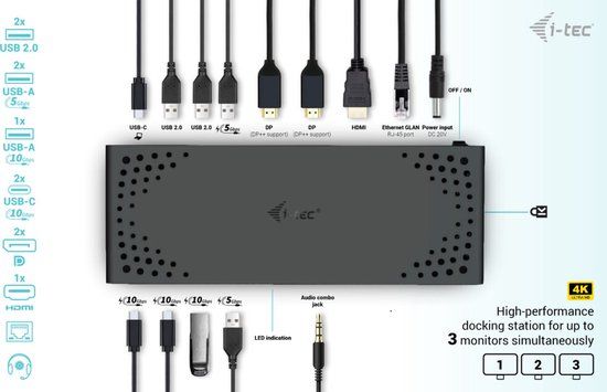 i-Tec - USB-C - Thunderbolt Docking Station - 2 x Displayport - 1 x HDMI - Ethernet - 5 x USB-A - 2 x USB-C - Audio - 100W opladen