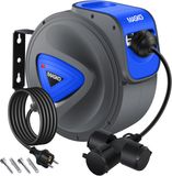MASKO® Kabelhaspel 15 meter automatisch voor buiten met 3 stopcontacten Wandmontage 1,5m Aansluitkabel Inclusief Handschoenen - Blauw