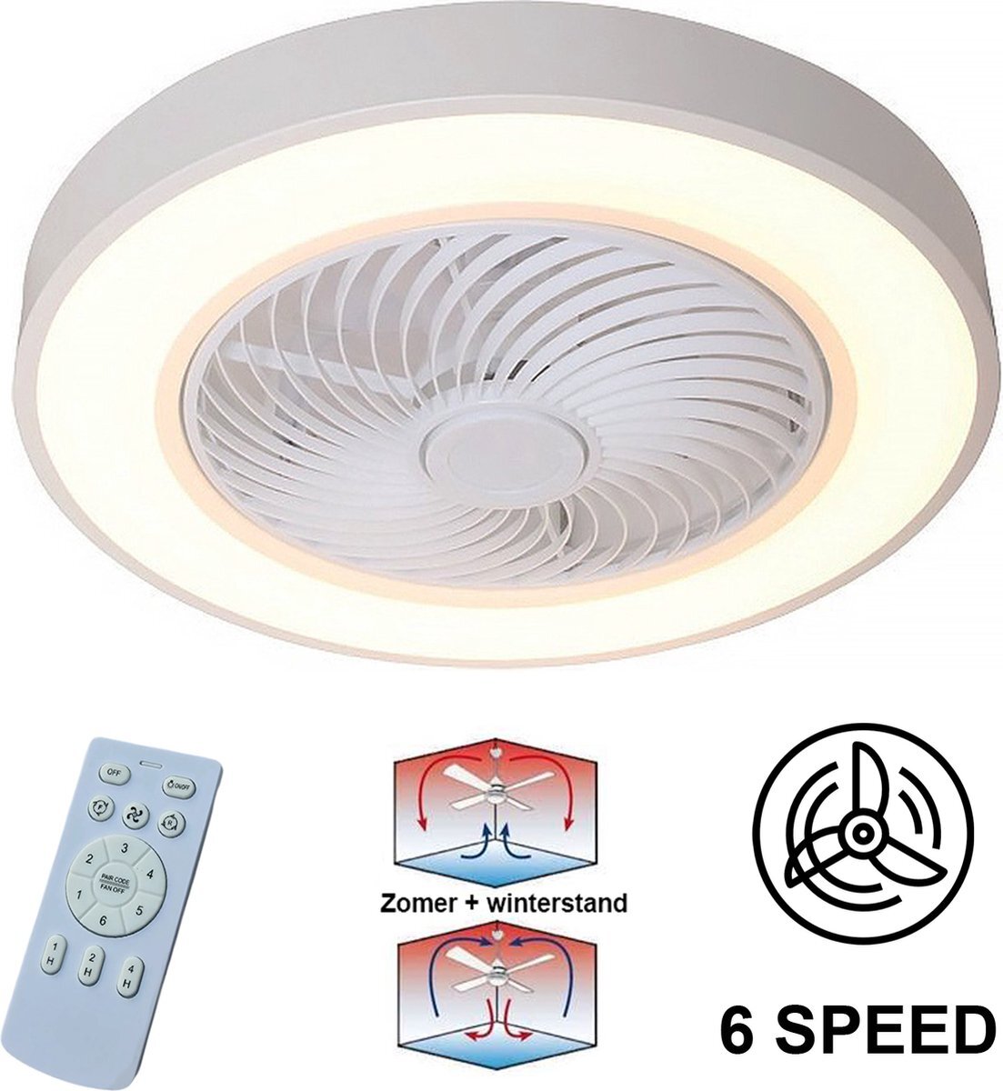 Ylumen - Plafondventilator Fiato Ø 50 cm - metalen ventilator - ventilator voor laag/schuin plafond - top kwaliteit - stil - energie zuinig - 6 snelheden - warm wit licht 2700 Kelvin - 3 step dim - zomer en winter stand - wit