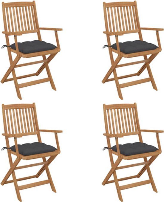 vidaXL Set van 4 Klapstoelen met Kussens, Massief Acaciahout, Antraciet