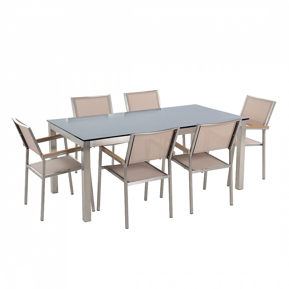 Beliani Tuinmeubel set zwart glasplaat 180 x 90 cm 6 stoelen met gespannen textiel beige GROSSETO