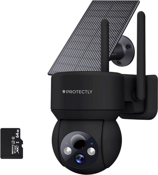 Protectly® Draadloze Buiten Camera - 3K Ultra HD - Zwart - Incl. Zonnepaneel & 64GB SD