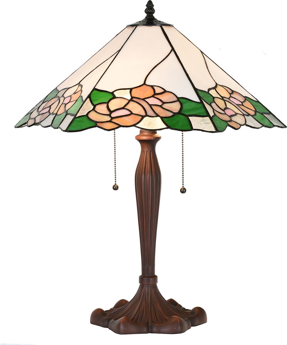 Lumilamp Tiffany Tafellamp 44x61x64 cm Wit Groen Glas Kunststof Rond Bloemen Tiffany Bureaulamp Tiffany Lampen Glas in Lood