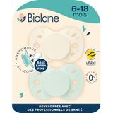 BIOLANE - Anatomische spenen - Extra dunne fopspenen - 6 tot 18 maanden - Groen en beige - Platte en omkeerbare speen - Optimaal comfort - Respect voor de mondontwikkeling