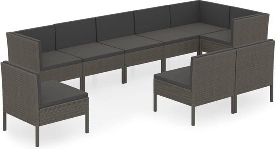 vidaXL 9-delige Loungeset met kussens poly rattan grijs