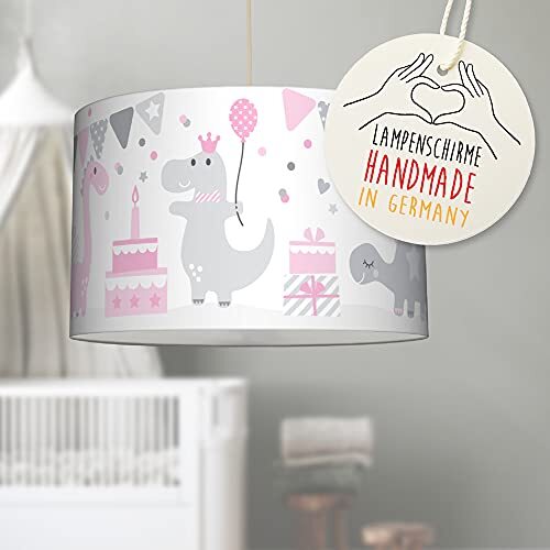 lovely label hanglamp Dinosaurus Feest roze/grijs - lampenkap voor kinderen/baby - complete hanglamp voor kinderkamer meisje & jongen ø 30 cm, hoogte 20 cm