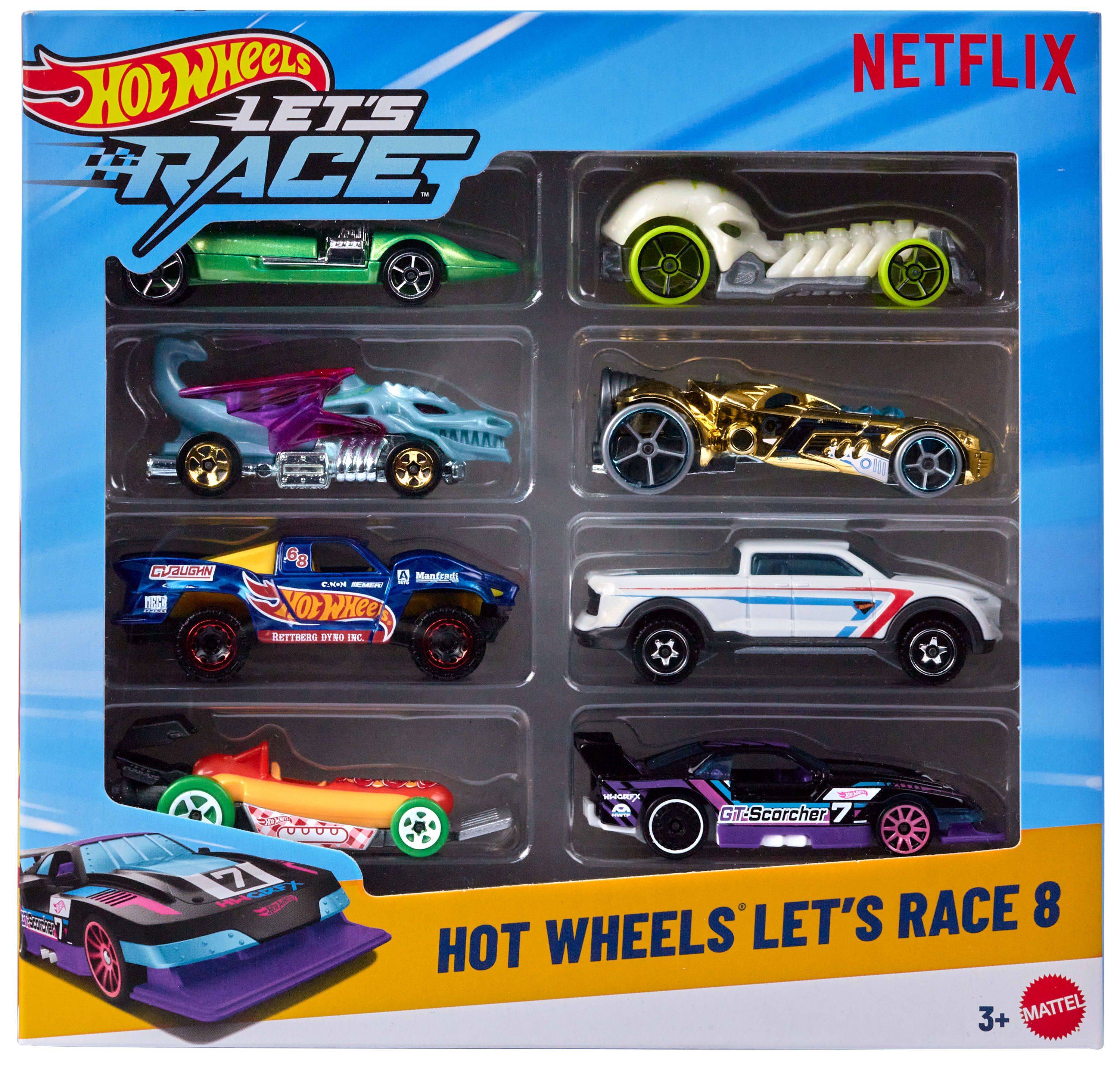 Hot Wheels Let's Race 8-pack, set van 8 speelgoedauto's op schaal 1:64 uit de Netflix serie (stijlen kunnen variëren)
