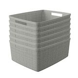 Curver Jute decoratieve plastic organisatie- en opbergmand, perfecte bakken voor thuiskantoor, kastplanken, keukenkast en alle benodigdheden voor de slaapkamer, (set van 6), grijs, medium