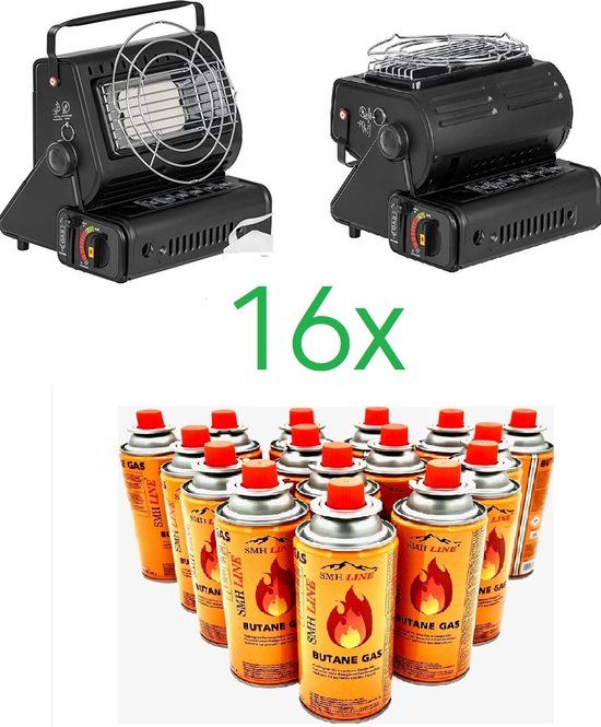 SMH LINE Gaskachel - 2in1 - Camping gaskachel - Incl. 16x Gasflessen en Kookrooster