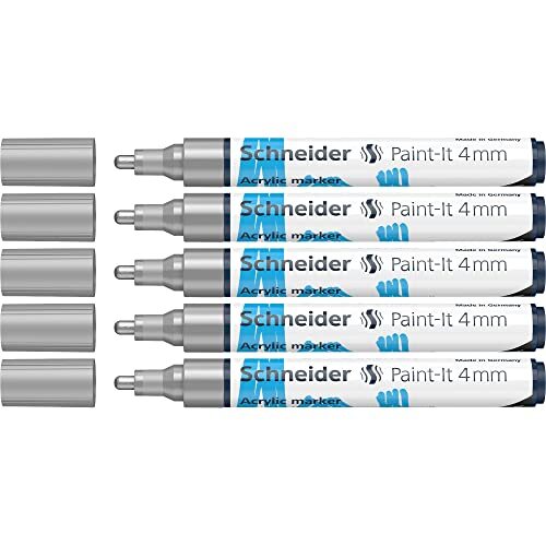 Schneider Paint-It Acrylstiften (met 4 mm ronde punt, hoogdekkende acrylverf voor hout, canvas, steen en nog veel meer.) 5-pack, zilver