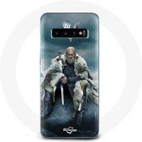Maniacase Hoesje voor Samsung Galaxy S10 Plus Vikingen Seizoen 6 Serie Ragnar Lothbrok logo V zwaard grijs mist achtergrond