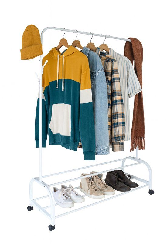 Merkloos Relaxdays Kledingrek op wieltjes, 160 x 110 x 40 cm (h x b x d), 2 legplanken, zijhaken, ijzer, wit
