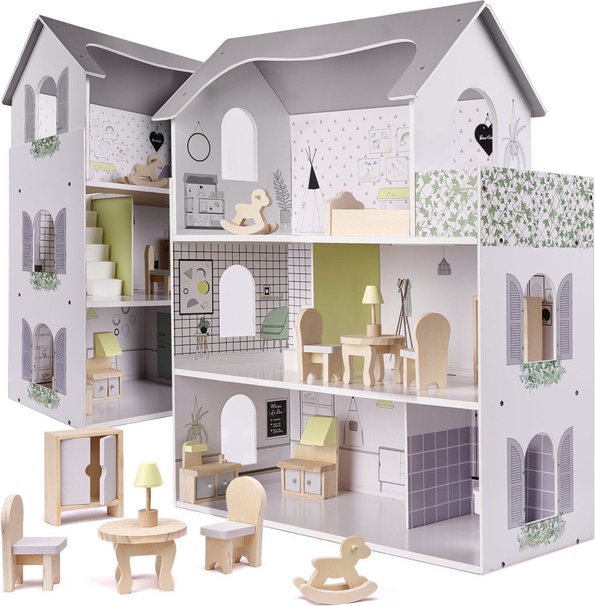 ikonka Zeer luxe XL houten poppenhuis met meubels 70 cm grijs - Speelhuisje voor jong en oud - Speelhuis van hout - Duurzaam speelgoed - groot model