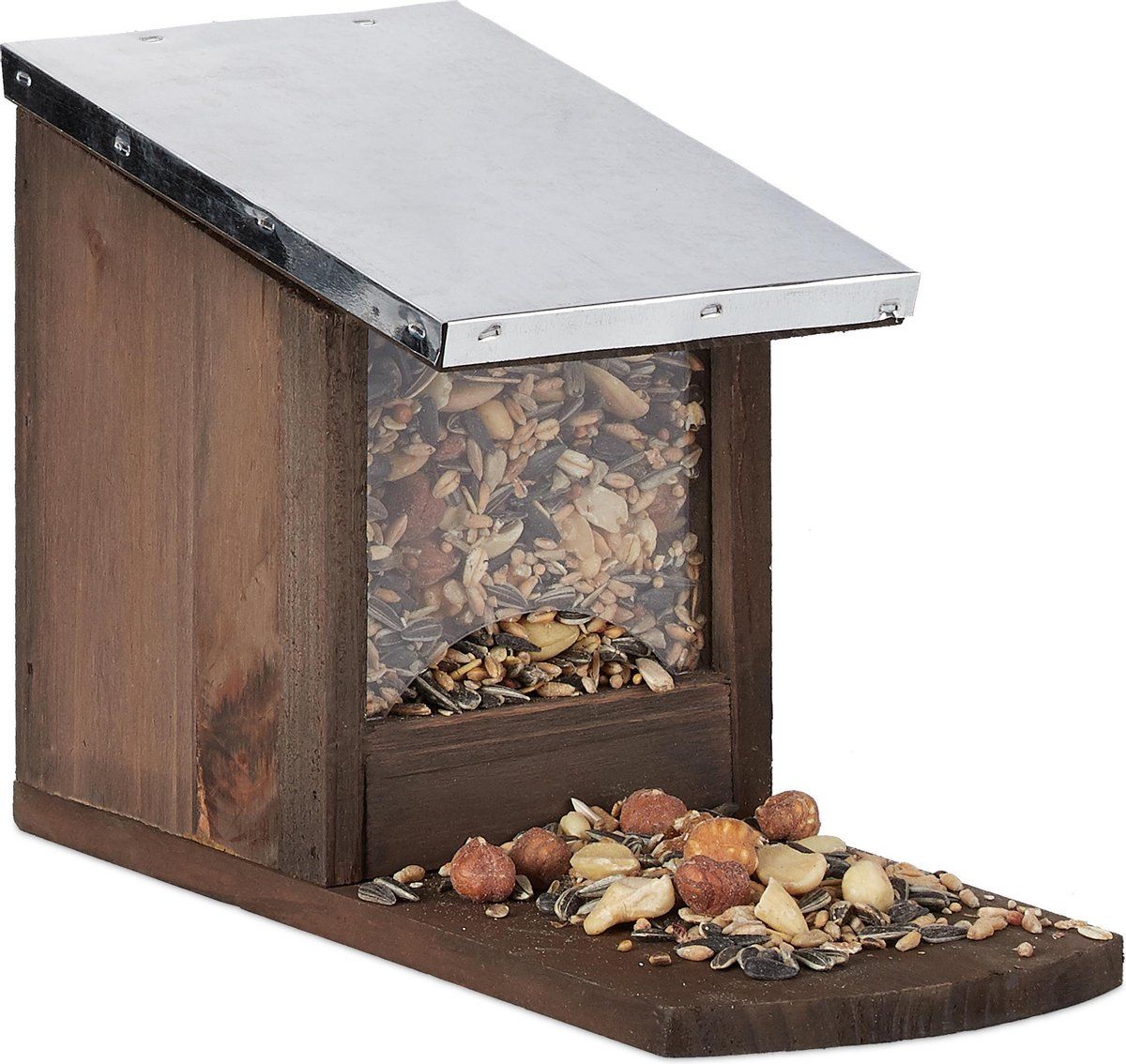 Relaxdays eekhoorn voederhuisje - metalen dak - hout - voederhuis - voederkast dark Brown