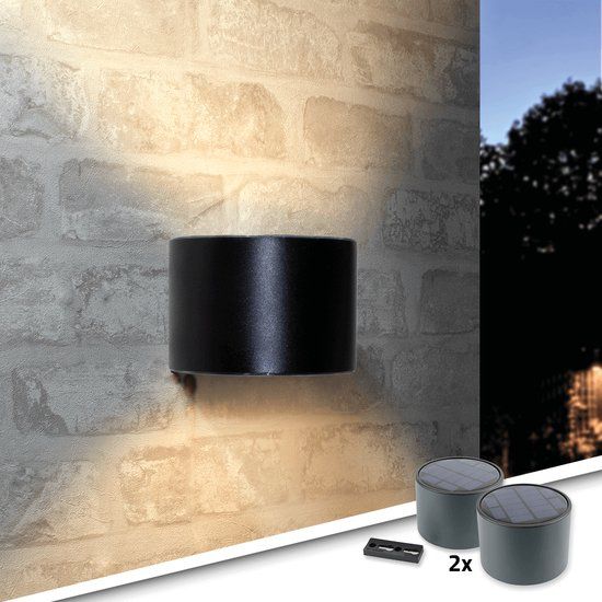 RexTech Solar Wandlamp Emme - Set of 2 - Round - Black - Outdoor Garden Light