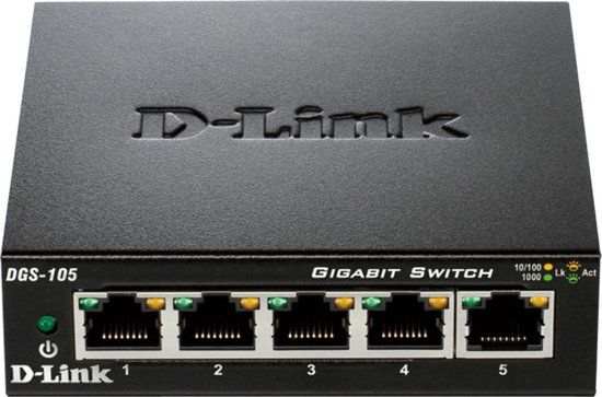 D-Link DGS-105 5-Port Layer2 Gigabit Switch (Tot 2000 Mbit/S Gegevensoverdracht Per Poort, Zonder Ventilator, Metalen Behuizing) Zwart, 5 Ports