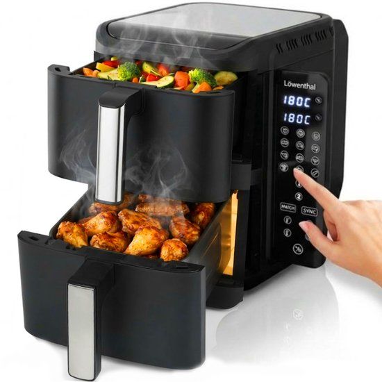 Löwenthal Dubbele Airfryer XXL 11L - BPA & PFAS Vrij - Dual Heteluchtfriteuse XL Tot 8 Personen - Smart Finish & Match Cook - 2800W - Zwart