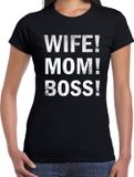 Bellatio Decorations Shoppartners Bv Wife Mom Boss fun tekst t-shirt zwart voor dames - Mama / Moederdag cadeau shirt / kleding S
