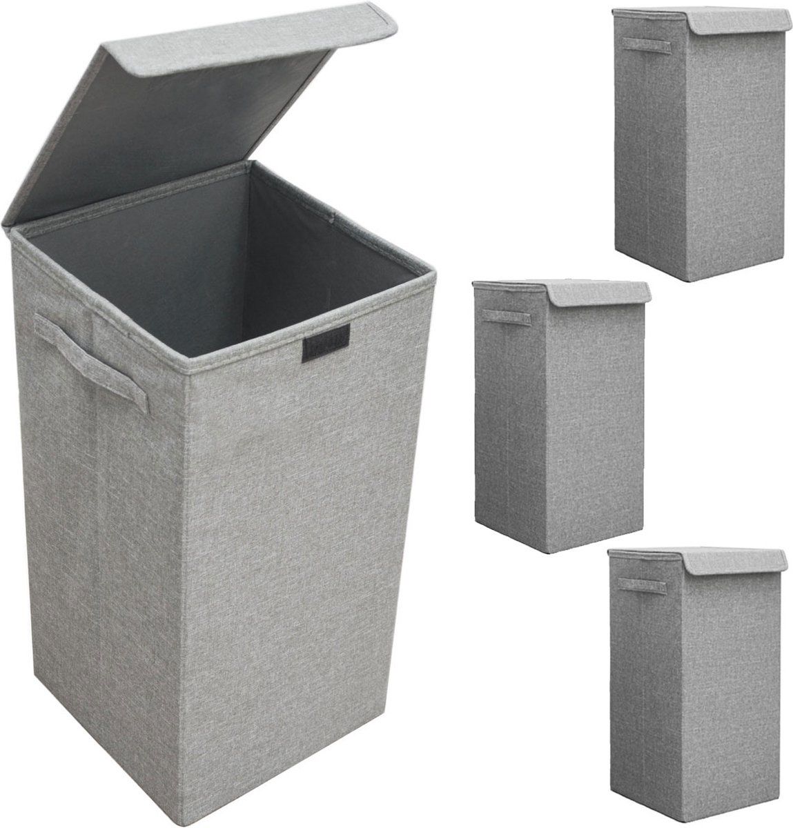 DuneDesign Set van 3: 50L Wasmand met Deksel - 30x30x60 Wasverzamelaar met Houten Frame