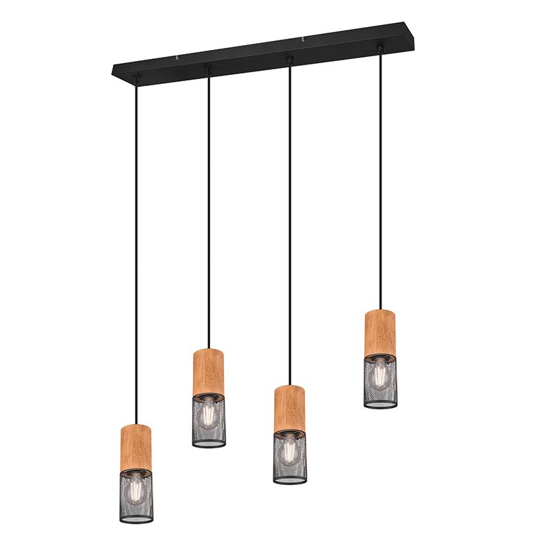 TRIO LEUCHTEN Industriële hanglamp zwart met hout 4-lichts - Manon