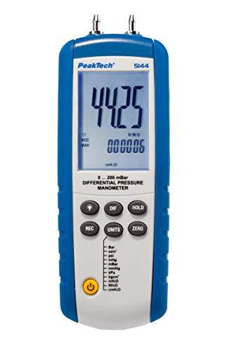 Peaktech 5144 - Digitale manometer met meetbereik tot max. 200 mBar, differentiedrukmeter met USB-poort, meting voor drukverschillen, LCD-scherm met verlichting, incl. Windows-software