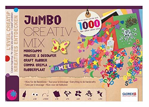 Glorex 6 2245 030 - Jumbo Creativ Mix schuimrubber, bestaat uit 1000 delen, met schuimrubberen platen, letters en cijfers, stansdelen, knutsellijm, enz. voor creatief knutselen