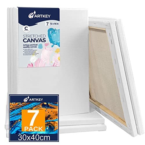 Artkey Uitgerekt canvas voor het schilderen van 30x40cm 7-pack, 300 GSM Triple Primed Zuurvrij 100% Katoen ingelijst Canvas, grote blanco kunstdoeken voor acryl gieten olie aquarel schilderij