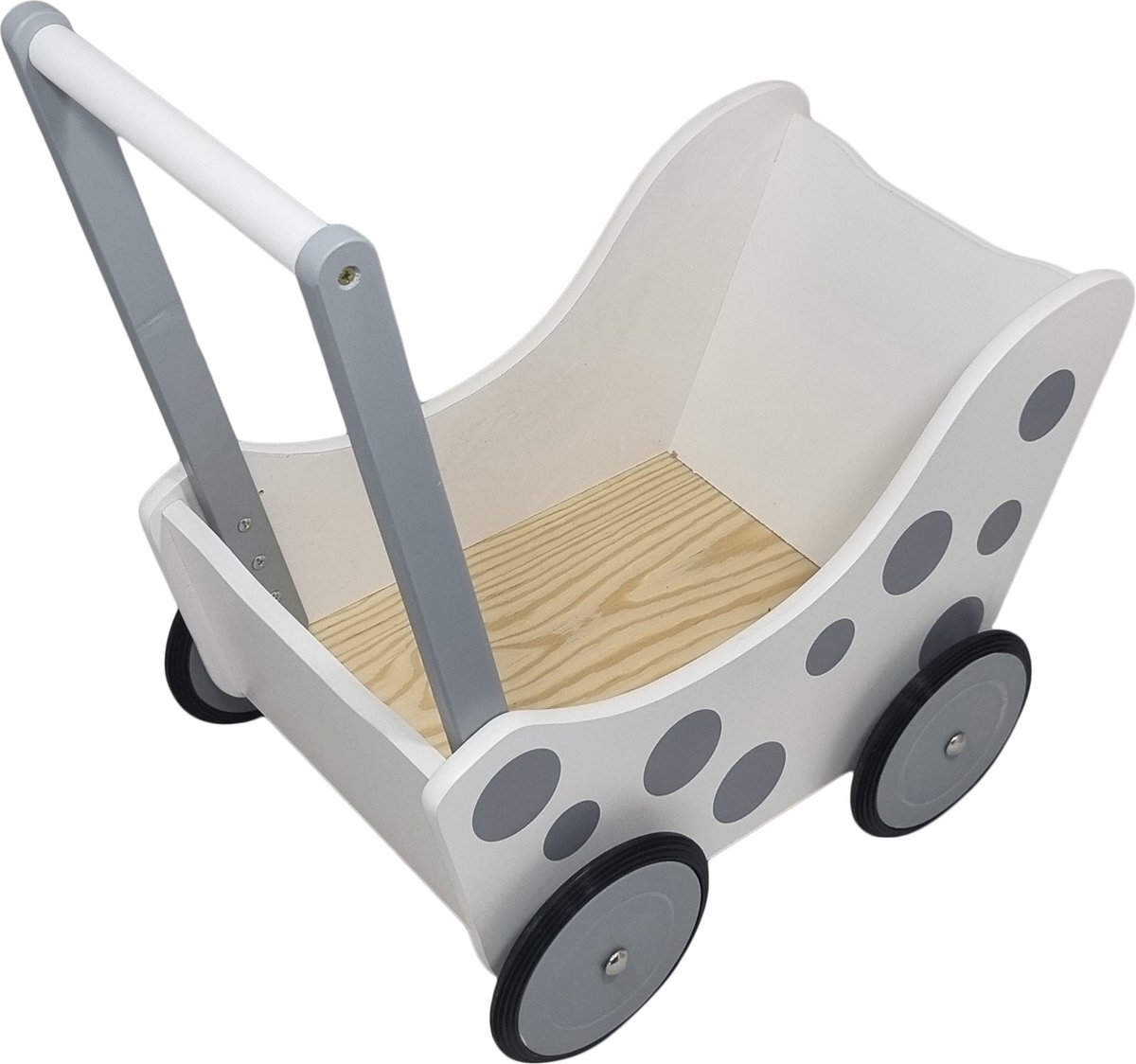 Playwood - Houten Poppenwagen wit zilver met stippen en zwart rubber