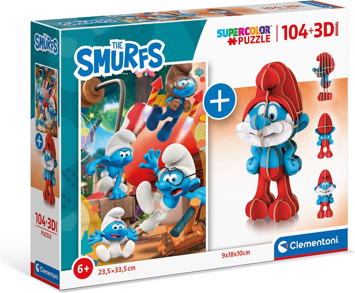 Clementoni 20341 The Smurfs Supercolor Model Smurfs104 delen Made in Italy, kinderen 6 jaar + 3D grote Smurf Model Smurf Puzzel Cartoon Puzzel,medium,multi kleuren