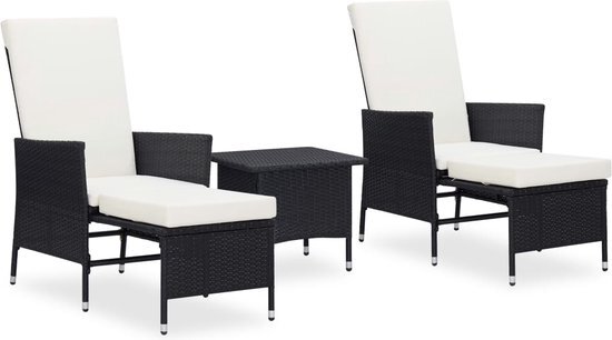 vidaXL 3-delige Loungeset met kussens poly rattan zwart