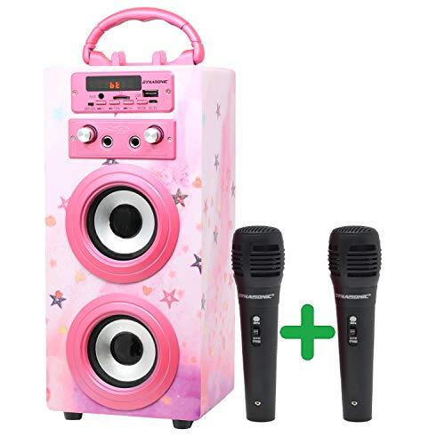 DYNASONIC (3e Generatie) - Draagbare bluetooth karaoke spreker met meegeleverde microfoons, usb- en sd-lezer, FM-radio model 025 ( Helder roze)