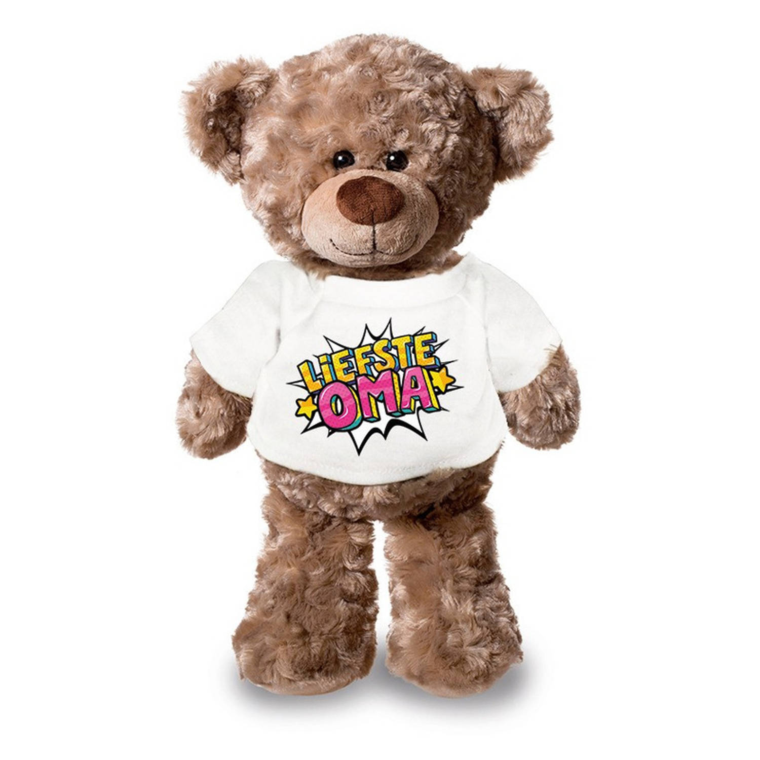 Bellatio Decorations Liefste oma pluche teddybeer knuffel 24 cm met wit pop art t-shirt - liefste oma / cadeau knuffelbeer