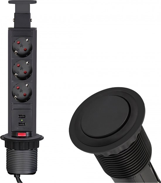 DESIGN LIGHT Verticale Stekkerdoos met USB - Pop up stekkerblok met 3 stopcontacten en 2 USB - Ø 60mm Inbouw Verdeelstekker met 1.8 meter kabel - Stekkerblok voor max. 3680 Watt - Zwart